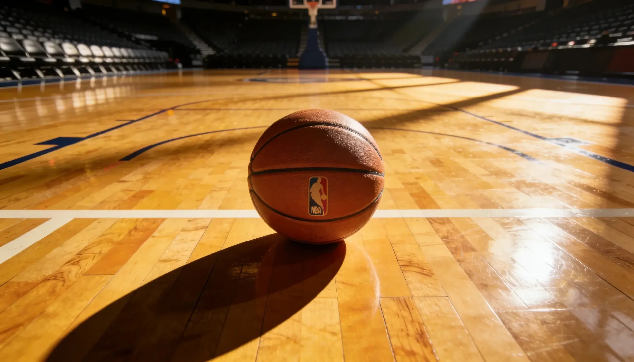 NBA basketball resting on a hardwood court under arena lights, representing a data-driven approach to basketball betting systems