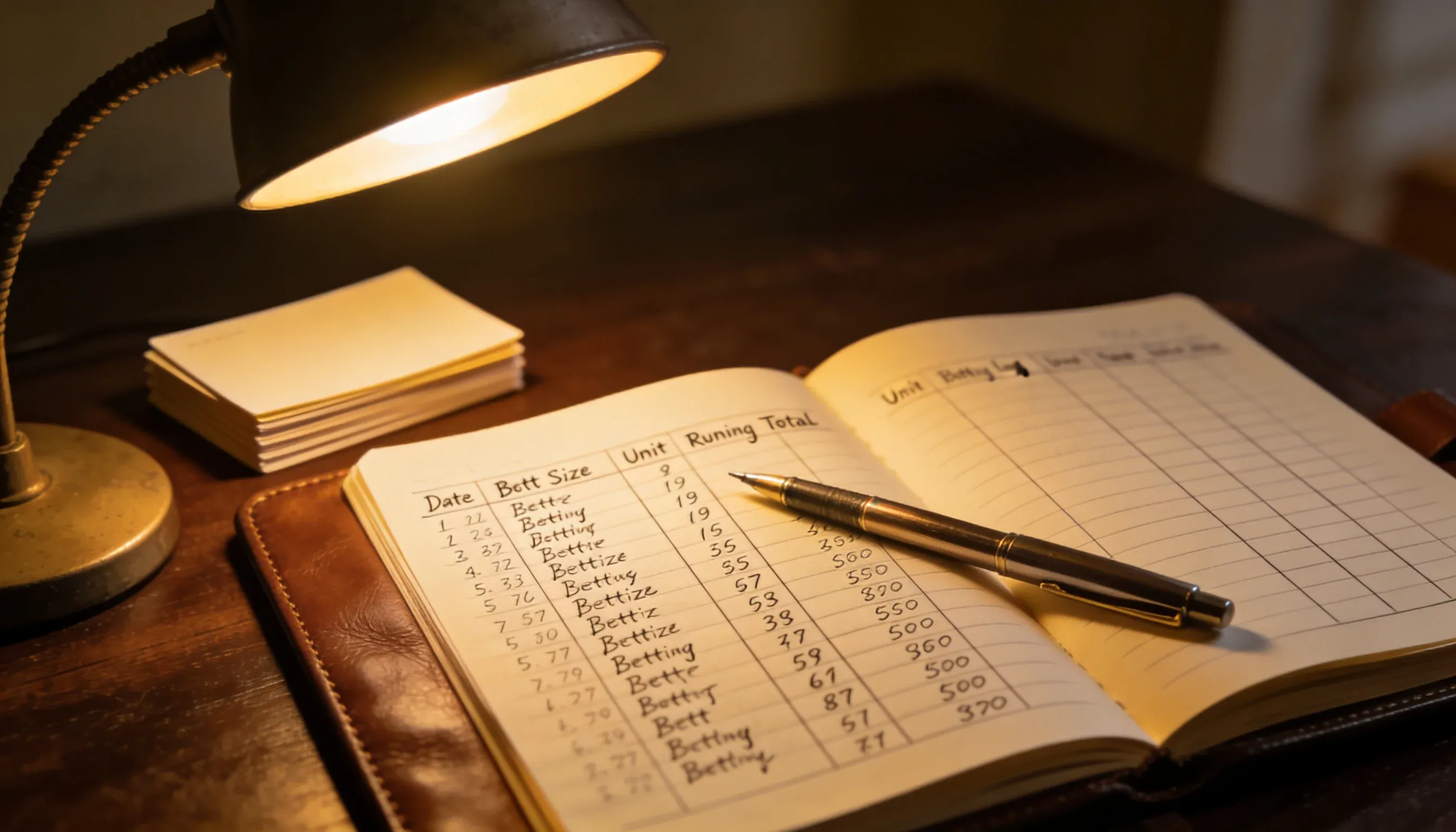 Open notebook with handwritten staking calculations and a pen, representing disciplined NBA bankroll management and unit sizing