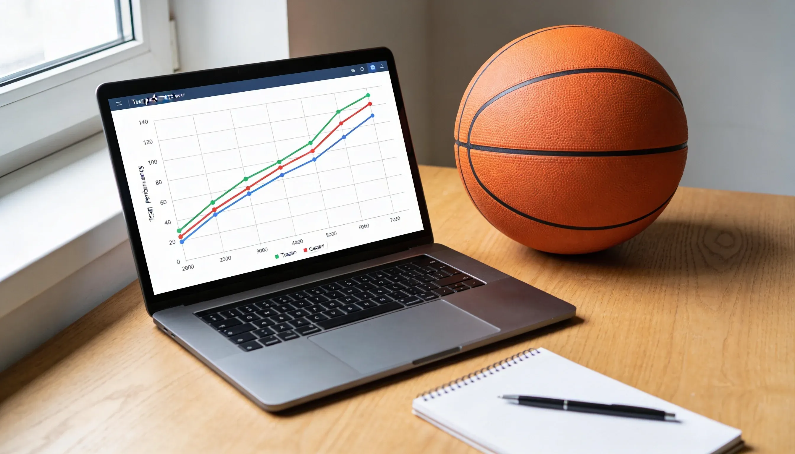 Laptop displaying a simple line chart of NBA team performance trends next to a basketball on a wooden desk