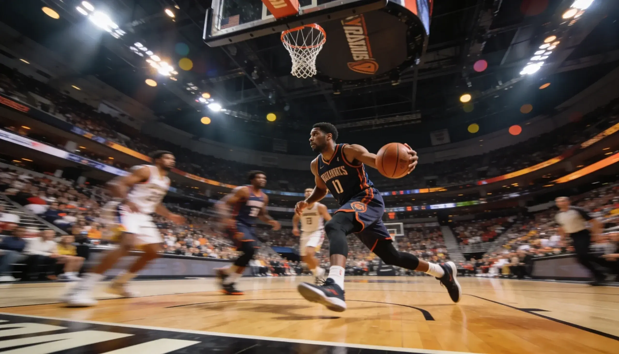 NBA basketball game in progress under bright arena lights with players in motion on court