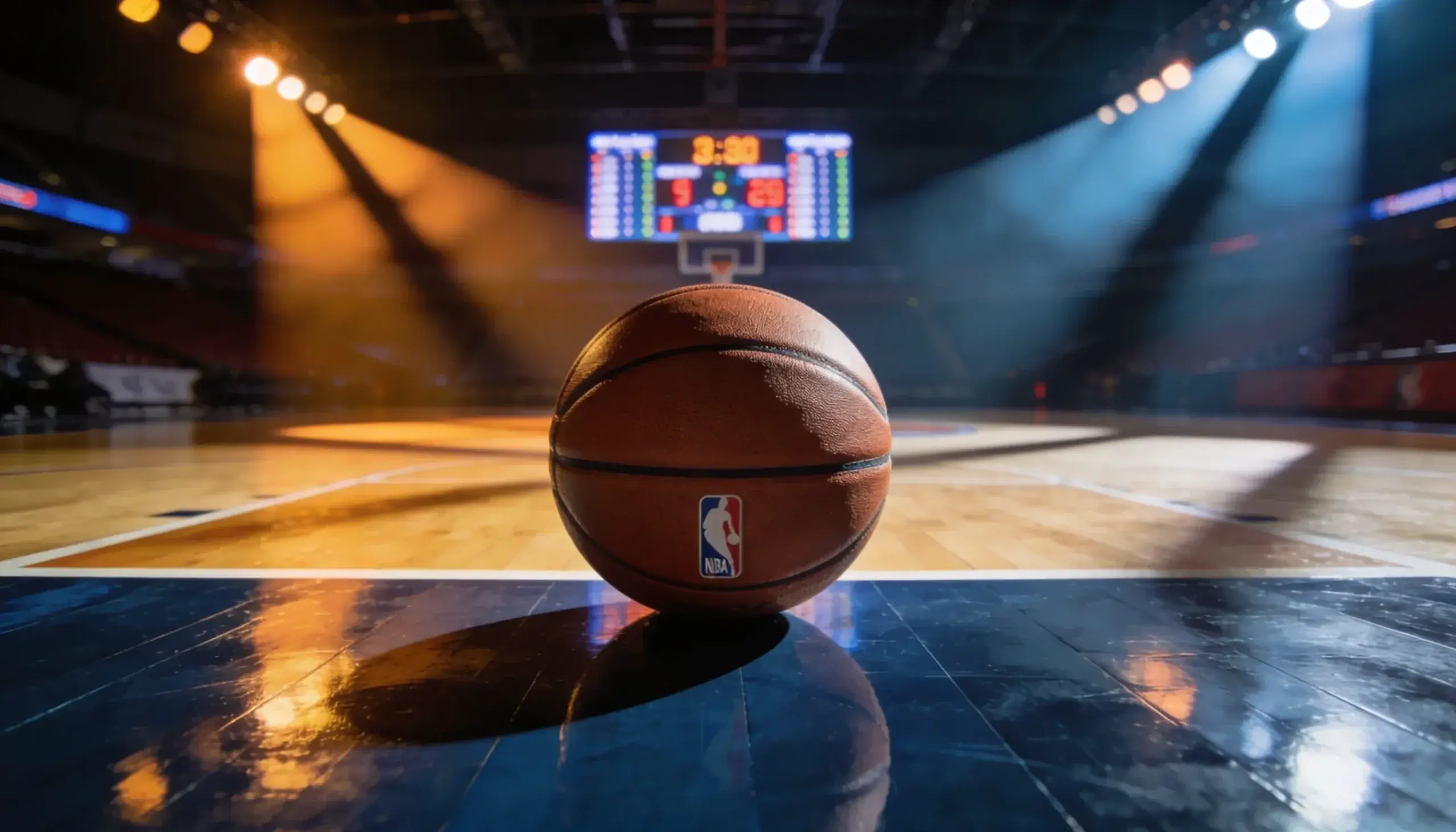 Basketball on a hardwood court under arena spotlights with a scoreboard showing the point spread