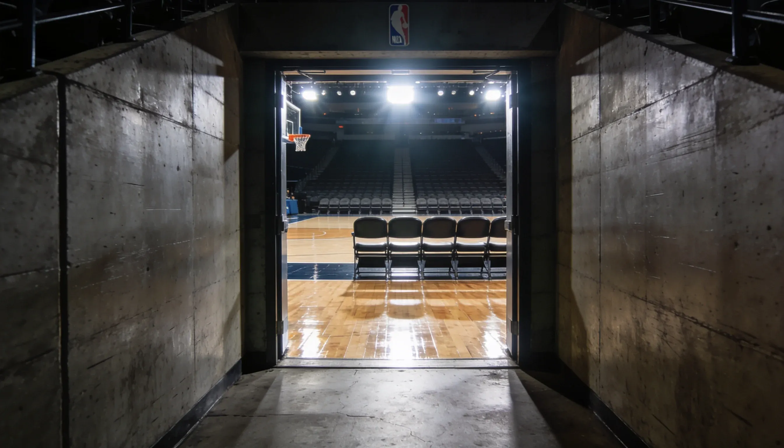 Empty NBA team bench and court viewed from tunnel entrance, representing the travel and fatigue factors in back-to-back scheduling